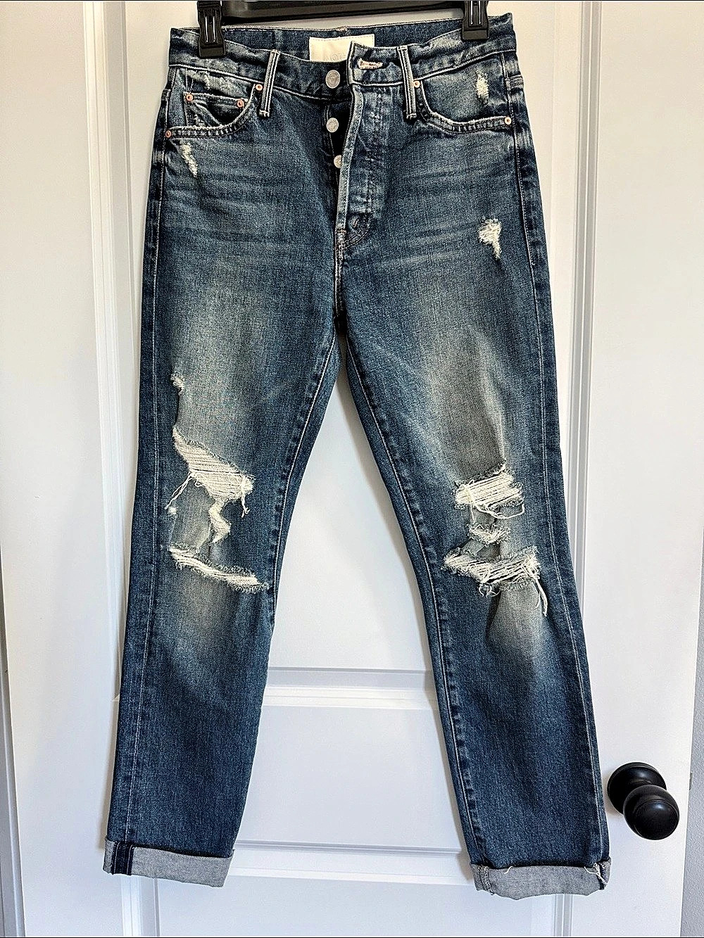 MOTHER The Trickster Skimp Fray Distressed Skinny Jeans Blue Waist 23